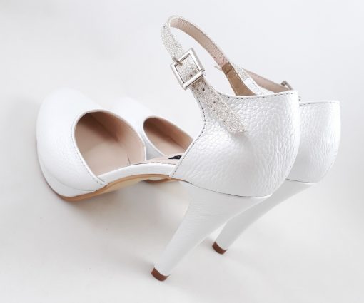 Pantofi de mireasa, cu baretuta - alb sidefat cu glitter perlat