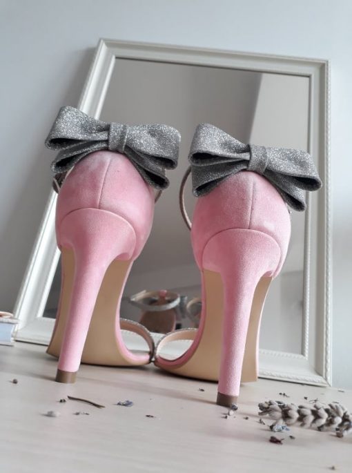 Millene - sandale roz pudra & glitter argintiu- piele naturala