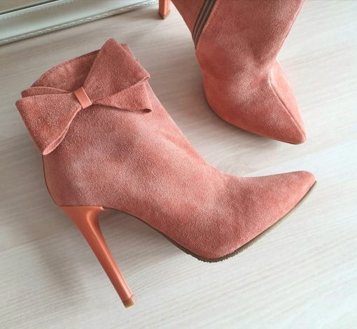 Eden - Botine elegante cu funde, peach, piele naturala