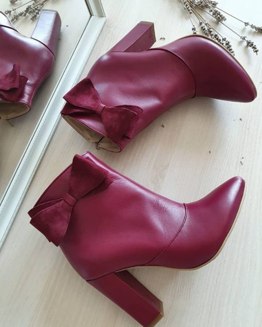 Eden - Botine elegante cu funde, bordeaux, piele naturala