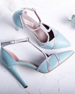 Pantofi mint & silver - Pantofi piele naturala, cu baretute