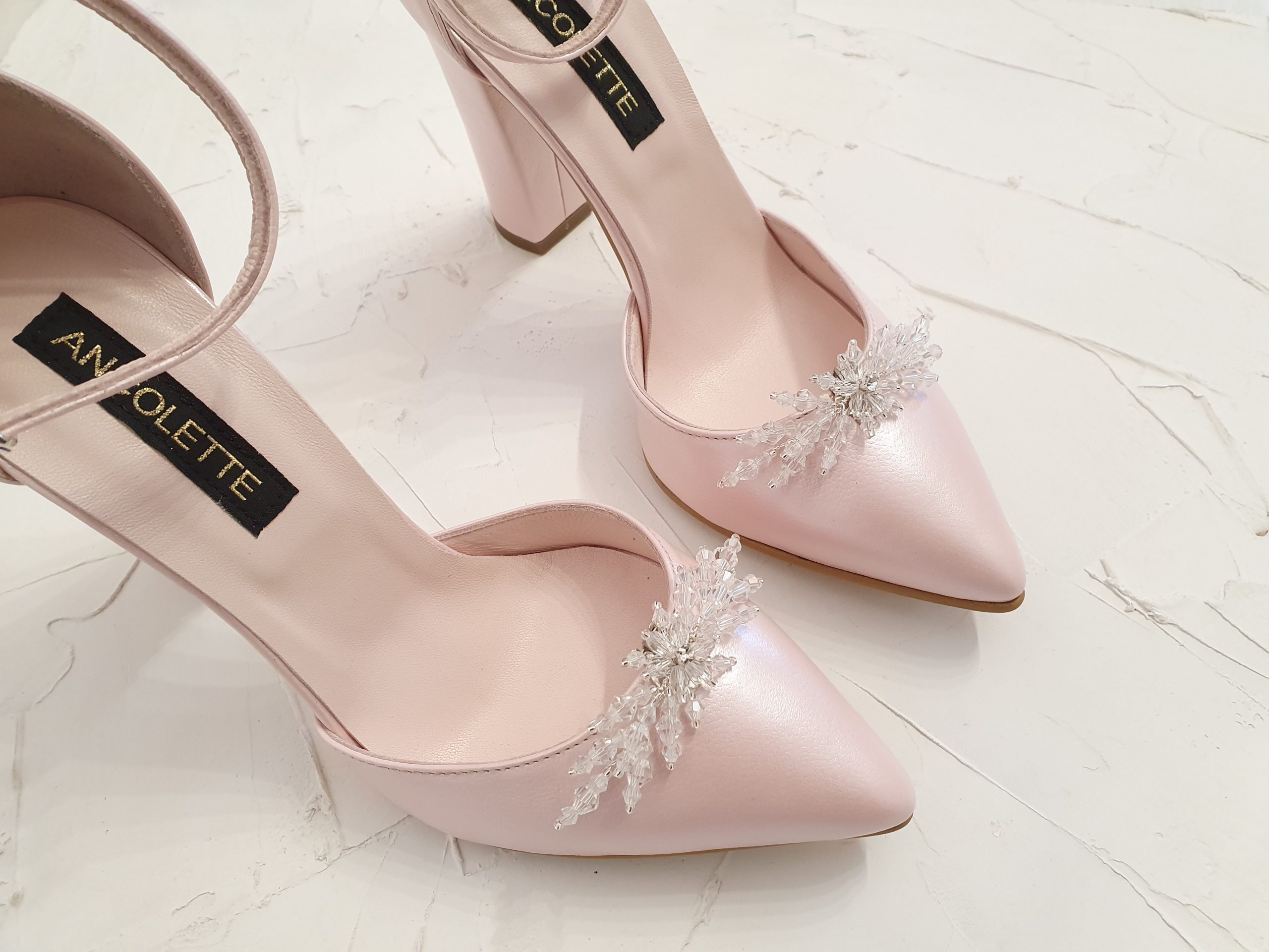Chloe Crystal - Roz perlat - Pantofi mireasa cu cristale perle -