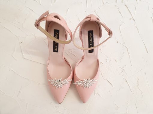 Pantofi mireasa cu perle roz pastel toc mic