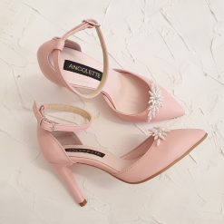 Pantofi mireasa cu perle roz pastel toc mic