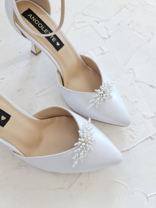 Pantofi mireasa piele naturala cu perle si toc clepsidra